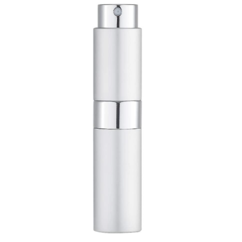 Recipient cosmetic cu pulverizator tip spray DROPY®, pentru uleiuri esentiale sau parfumuri, 8 ml mecanism Twist argintiu
