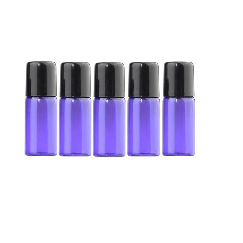Set 5 recipiente cosmetice sticlute roll-on 1 ml DROPY®, pentru uleiuri esentiale, tincturi, parfumuri, albastru