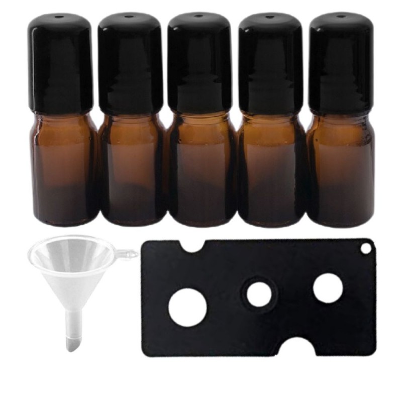 Set 5 recipiente cosmetice sticlute roll-on 5 ml DROPY®, inclus desfacator si palnie, pentru uleiuri esentiale, parfumuri, sticla groasa maro (mecanism compatibil si la sticlute de 15 ml)
