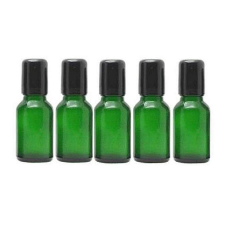 Set 5 recipiente cosmetice sticlute roll-on 5 ml DROPY®, inclus desfacator si palnie, pentru uleiuri esentiale, parfumuri, sticla groasa maro (mecanism compatibil si la sticlute de 15 ml)