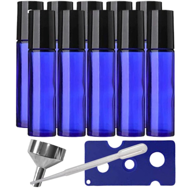 Set 10 recipiente cosmetice sticlute roll-on 10 ml DROPY®, inclus desfacator, palnie si pipete, pentru uleiuri esentiale, sticla groasa, albastra