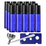 Set 15 recipiente cosmetice sticlute roll-on 10 ml DROPY®, inclus desfacator, palnie si pipete, pentru uleiuri esentiale, sticla groasa, albastra