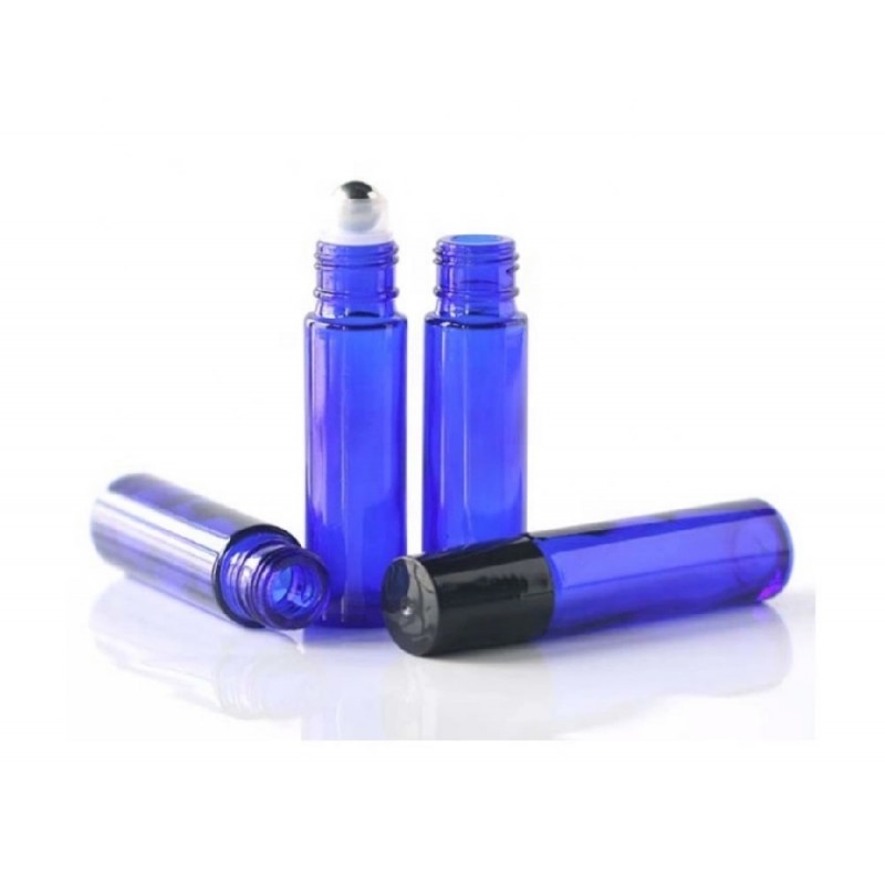 Set 24 recipiente cosmetice sticlute roll-on 10 ml DROPY®, inclus desfacator, palnie si pipete, pentru uleiuri esentiale, sticla groasa, albastra