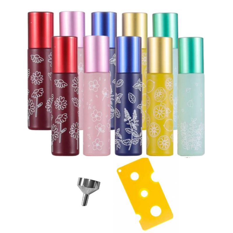 Set 10 recipiente cosmetice sticlute roll-on 10 ml DROPY®, inclus desfacator si palnie, pentru uleiuri esentiale, parfumuri, sticla groasa, Macarons