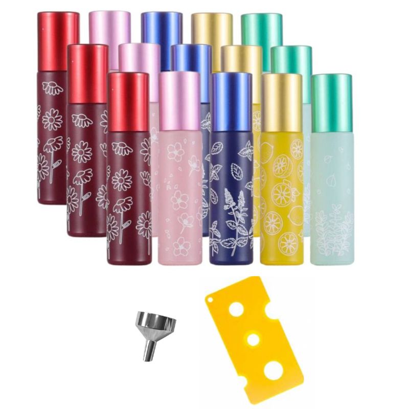 Set 15 recipiente cosmetice sticlute roll-on 10 ml DROPY®, inclus desfacator si palnie, pentru uleiuri esentiale, parfumuri, sticla groasa, Macarons