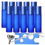 Set 10 recipiente cosmetice sticlute roll-on 10 ml DROPY®, inclus desfacator si palnie  pentru uleiuri esentiale, parfumuri, sticla groasa matuita albastra
