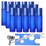 Set 15 recipiente cosmetice sticlute roll-on 10 ml DROPY®, inclus desfacator si palnie  pentru uleiuri esentiale, parfumuri, sticla groasa matuita albastra