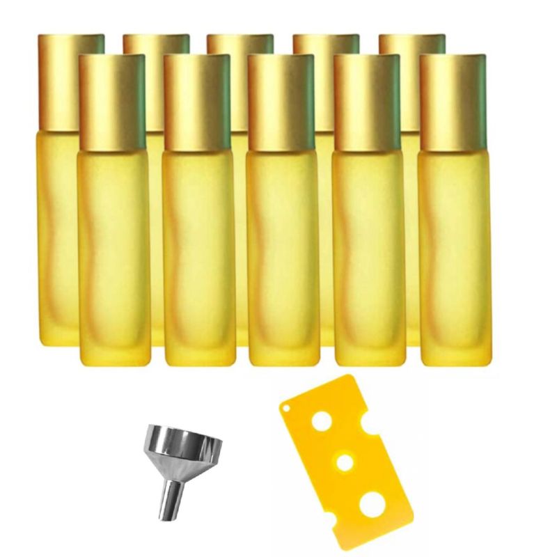 Set 10 recipiente cosmetice sticlute roll-on 10 ml DROPY®, inclus desfacator si palnie  pentru uleiuri esentiale, parfumuri, sticla groasa matuita galben