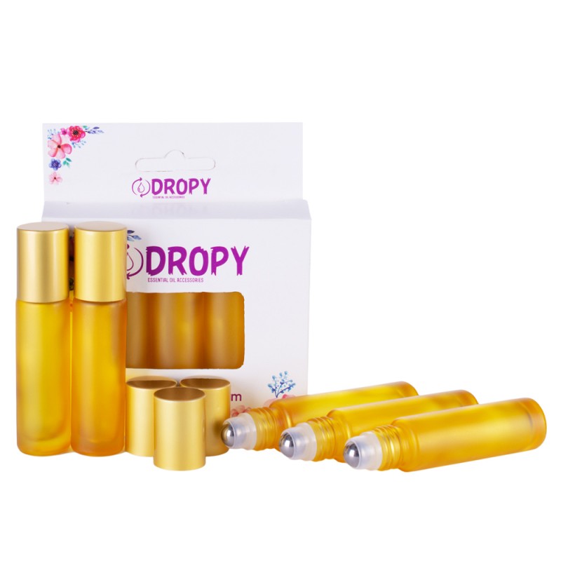 Set 10 recipiente cosmetice sticlute roll-on 10 ml DROPY®, inclus desfacator, palnie si pipeta, pentru uleiuri esentiale, parfumuri, sticla groasa matuita galben