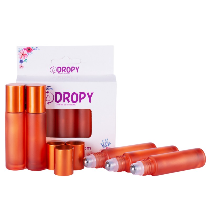 Set 20 recipiente cosmetice sticlute roll-on 10 ml DROPY®, inclus desfacator si palnie, pentru uleiuri esentiale, parfumuri, sticla groasa matuita portocalie