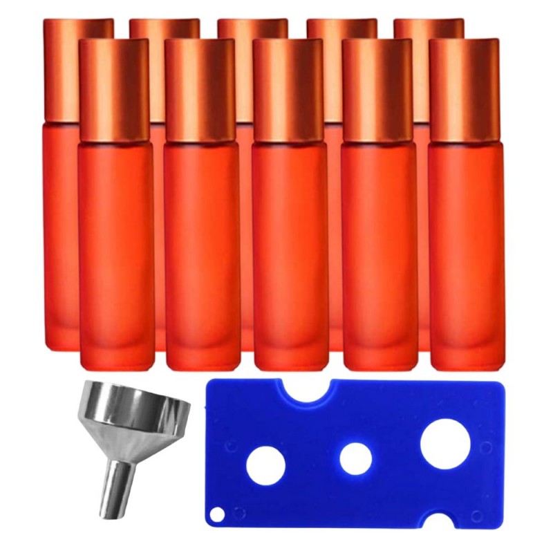 Set 10 recipiente cosmetice sticlute roll-on 10 ml DROPY®, inclus desfacator si palnie, pentru uleiuri esentiale, parfumuri, sticla groasa matuita portocalie