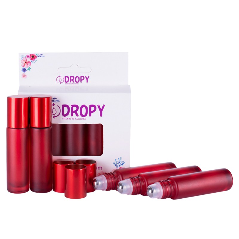 Set 20 recipiente cosmetice sticlute roll-on 10 ml DROPY®, inclus desfacator si palnie, pentru uleiuri esentiale, parfumuri, sticla groasa matuita rosie