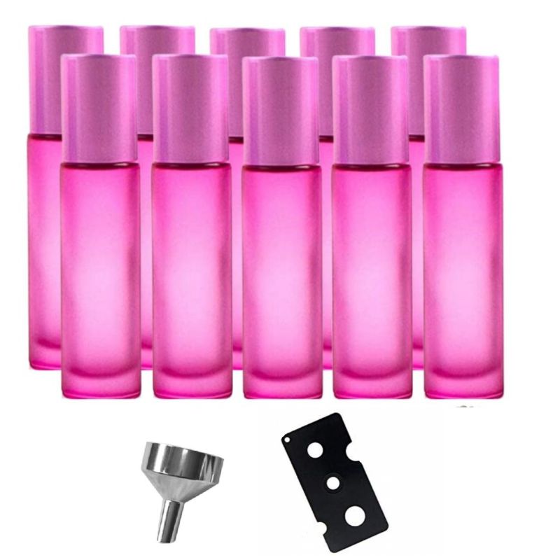 Set 10 recipiente cosmetice sticlute roll-on 10 ml DROPY®, inclus desfacator si palnie, pentru uleiuri esentiale, parfumuri, sticla groasa matuita roz