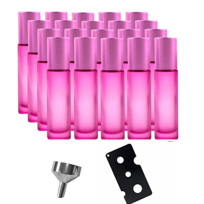 Set 20 recipiente cosmetice sticlute roll-on 5 ml DROPY®, inclus desfacator si palnie, pentru uleiuri esentiale, parfumuri, sticla groasa matuita roz