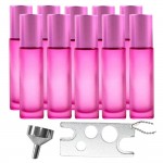 Set 10 recipiente cosmetice sticlute roll-on 10 ml DROPY®, inclus desfacator si palnie, pentru uleiuri esentiale, parfumuri, sticla groasa matuita roz
