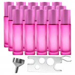 Set 15 recipiente cosmetice sticlute roll-on 10 ml DROPY®, inclus desfacator si palnie, pentru uleiuri esentiale, parfumuri, sticla groasa matuita roz