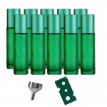 Set 10 recipiente cosmetice sticlute roll-on 10 ml DROPY®, inclus desfacator si  palnie  pentru uleiuri esentiale, parfumuri, sticla groasa matuita verde