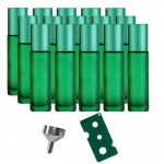 Set 15 recipiente cosmetice sticlute roll-on 10 ml DROPY®, inclus desfacator si palnie, pentru uleiuri esentiale, parfumuri, sticla groasa matuita verde