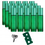 Set 20 recipiente cosmetice sticlute roll-on 10 ml DROPY®, inclus desfacator si palnie, pentru uleiuri esentiale, parfumuri, sticla groasa matuita verde