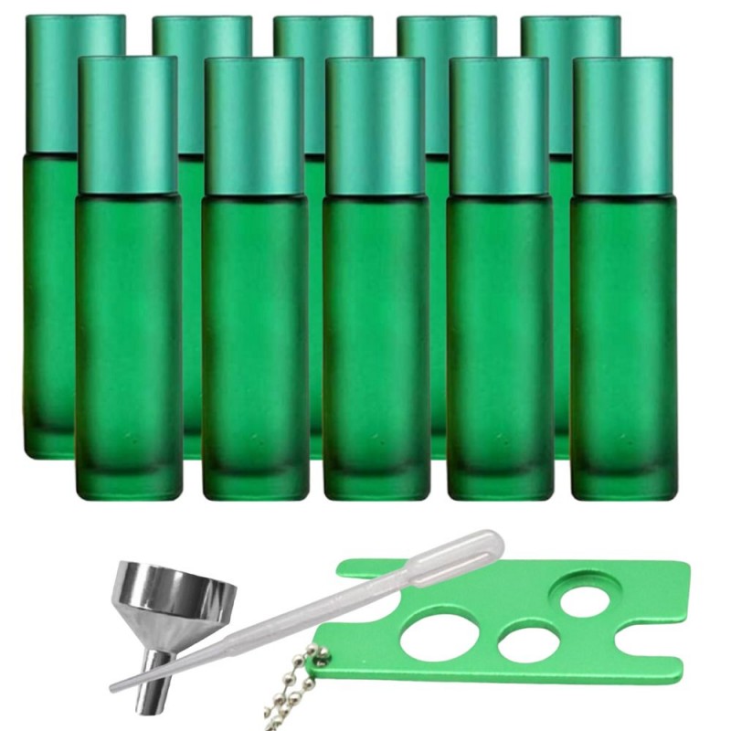 Set 10 recipiente cosmetice sticlute roll-on 10 ml DROPY®, inclus desfacator, palnie si pipeta, pentru uleiuri esentiale, parfumuri, sticla groasa matuita verde