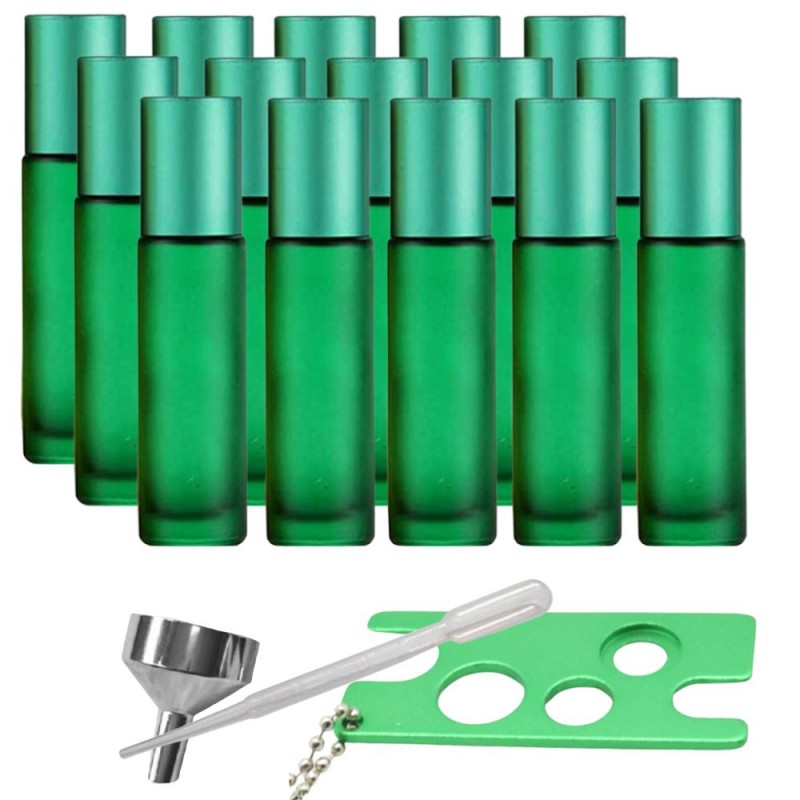 Set 15 recipiente cosmetice sticlute roll-on 10 ml DROPY®, inclus desfacator si palnie, pentru uleiuri esentiale, parfumuri, sticla groasa matuita verde