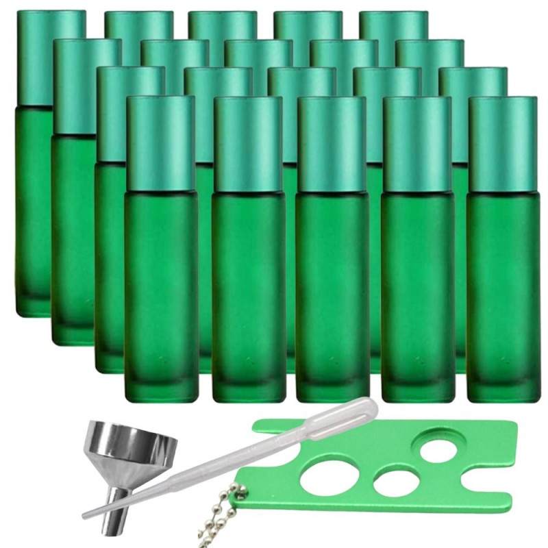 Set 20 recipiente cosmetice sticlute roll-on 5 ml DROPY®, inclus desfacator si palnie, pentru uleiuri esentiale, parfumuri, sticla groasa matuita verde