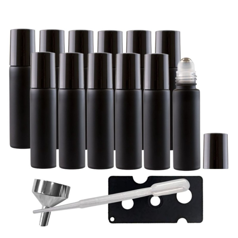 Set 10 recipiente cosmetice sticlute roll-on 10 ml DROPY®, inclus desfacator, palnie si pipeta, pentru uleiuri esentiale, parfumuri, sticla groasa, Black Edition