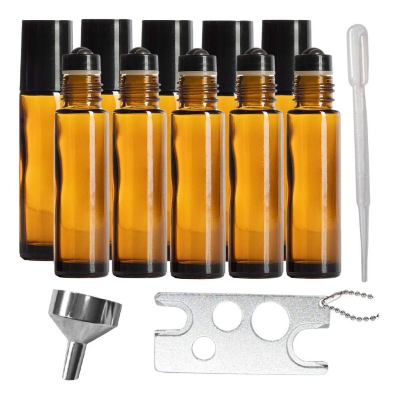 Set 10 recipiente cosmetice sticlute roll-on 10 ml DROPY® mecanism protectie, inclus desfacator metalic, palnie si pipeta, pentru uleiuri esentiale, parfumuri, sticla groasa,maro