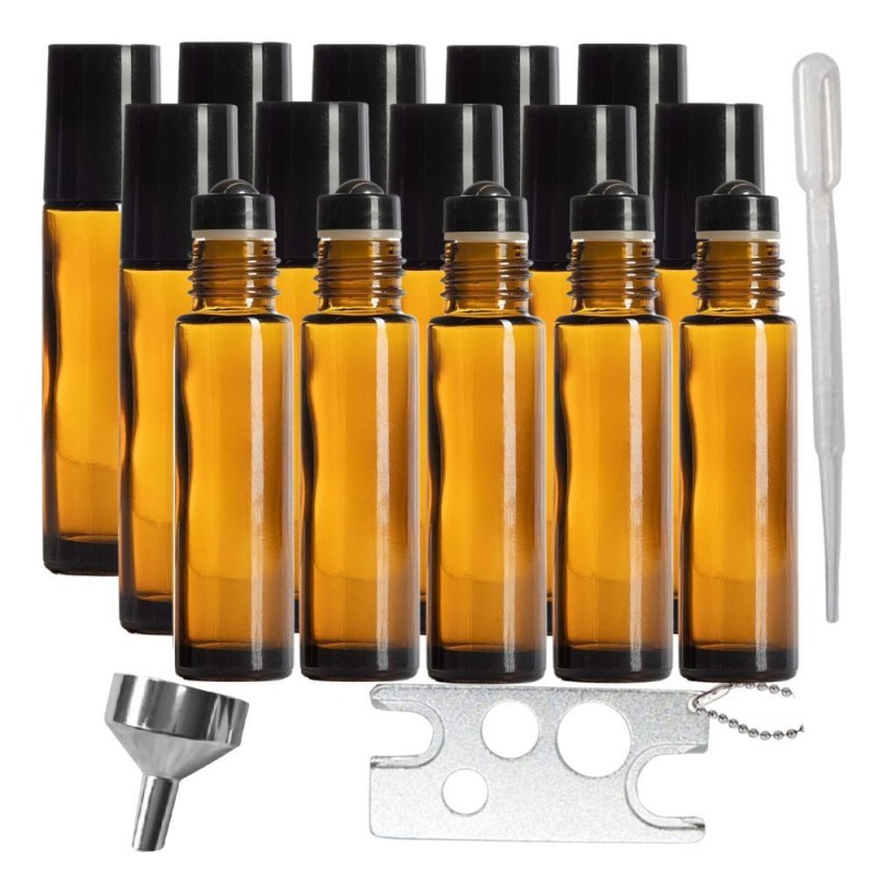 Set 15 recipiente cosmetice sticlute roll-on 10 ml DROPY® mecanism protectie, inclus desfacator metalic, palnie si pipeta, pentru uleiuri esentiale, parfumuri, sticla groasa,maro