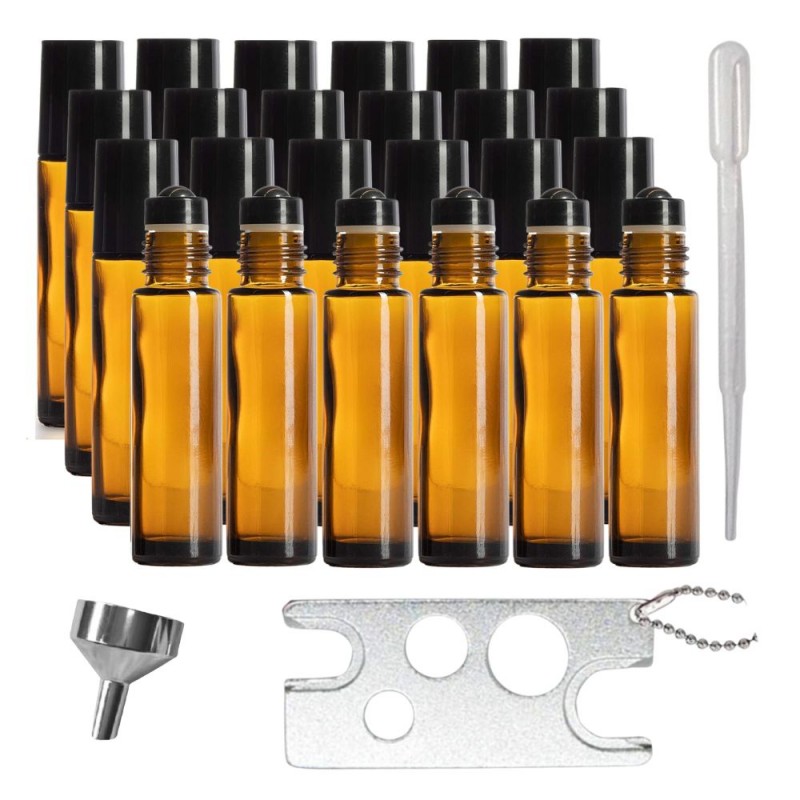 Set 24 recipiente cosmetice sticlute roll-on 10 ml DROPY® mecanism protectie, inclus desfacator, palnie si pipete, pentru uleiuri esentiale, parfumuri, sticla groasa,maro