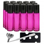 Set 24 recipiente cosmetice sticlute roll-on 10 ml DROPY®, inclus desfacator, palnie si pipete, pentru uleiuri esentiale, sticla groasa, roz