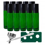 Set 10 recipiente cosmetice sticlute roll-on 10 ml DROPY®, inclus desfacator, palnie si pipete, pentru uleiuri esentiale, sticla groasa, verde