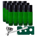 Set 15 recipiente cosmetice sticlute roll-on 10 ml DROPY®, inclus desfacator si palnie, pentru uleiuri esentiale, parfumuri, verde