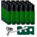 Set 24 recipiente cosmetice sticlute roll-on 10 ml DROPY®, inclus desfacator, palnie si pipete, pentru uleiuri esentiale, sticla groasa, verde