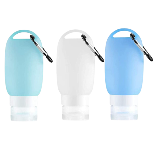 Recipient tip dispenser din silicon pentru lotiuni,geluri sau creme,cu carlig agatare tip carabina, pentru adulti si copii, 40 ml diverse culori