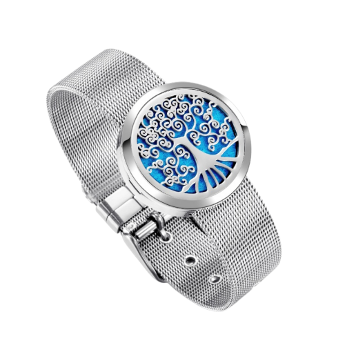 Bratara aromaterapie cu difuzor pentru uleiuri esentiale, curea metalica tip mesh si model Tree of Life