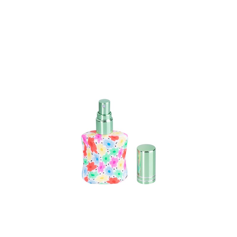 Recipient cosmetic cu pulverizator tip spray DROPY®, pentru uleiuri esentiale sau parfumuri, 12-15 ml model floral