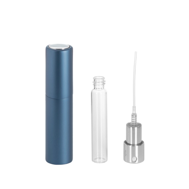 Recipient cosmetic cu pulverizator tip spray DROPY®, pentru uleiuri esentiale sau parfumuri, 5 ml mecanism Twist albastru