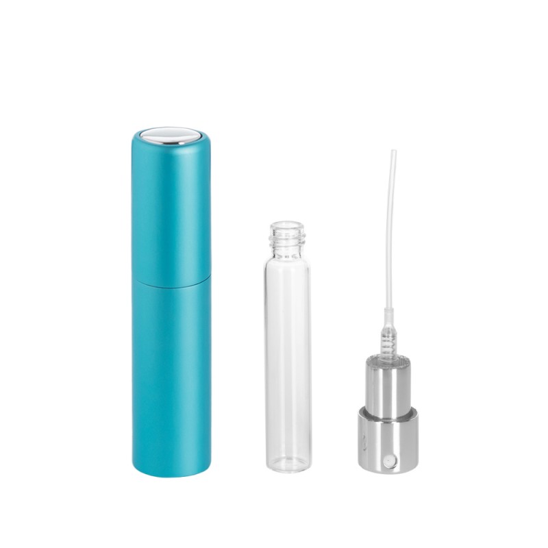 Recipient cosmetic cu pulverizator tip spray DROPY®, pentru uleiuri esentiale sau parfumuri, 5 ml mecanism Twist turcoaz
