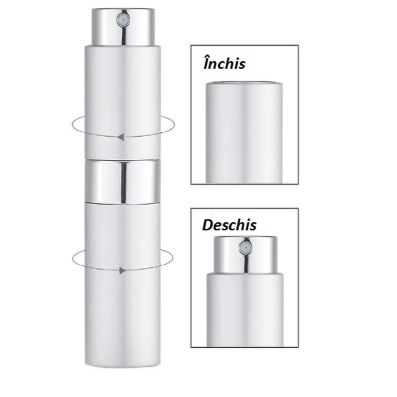 Recipient cosmetic cu pulverizator tip spray DROPY®, pentru uleiuri esentiale sau parfumuri, 10 ml mecanism Twist argintiu