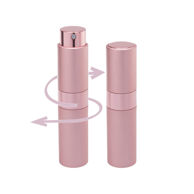 Recipient cosmetic cu pulverizator tip spray DROPY®, pentru uleiuri esentiale sau parfumuri, 10 ml mecanism Twist roz