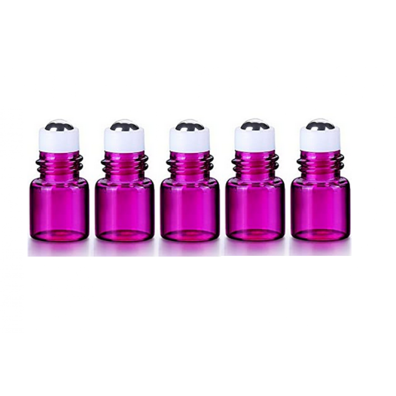 Set 5 recipiente cosmetice sticlute roll-on 2 ml DROPY®, pentru uleiuri esentiale, tincturi, parfumuri, roz