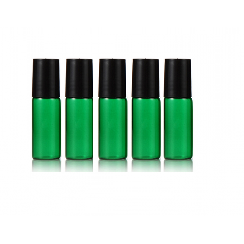 Set 5 recipiente cosmetice sticlute roll-on 3 ml DROPY®, pentru uleiuri esentiale, tincturi, parfumuri, verde