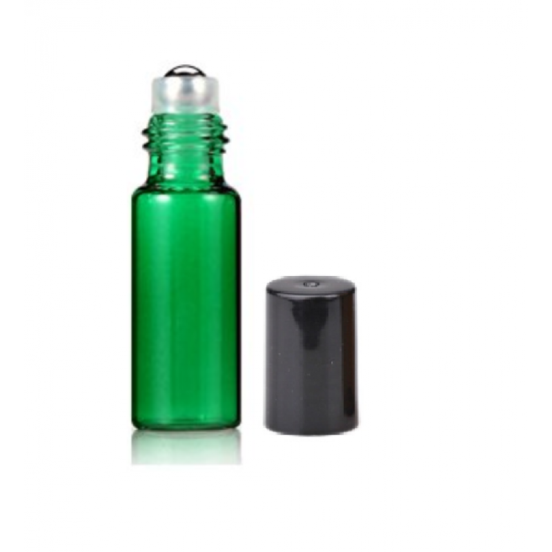 Set 5 recipiente cosmetice sticlute roll-on 3 ml DROPY®, pentru uleiuri esentiale, tincturi, parfumuri, verde