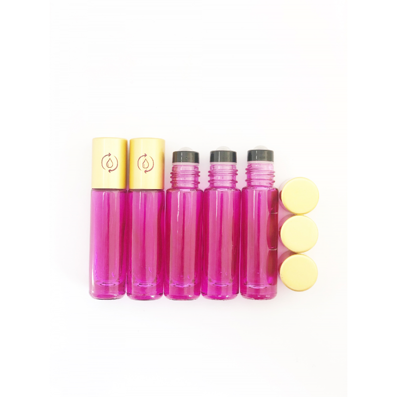 Set 5 sticle roll-on de 5 ml pentru uleiuri esentiale din sticla groasa DROPY® , model DO, roz
